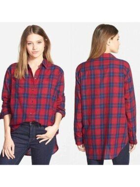 Madewell Oversized Boyshirt Long Sleeve Edina Plaid Blue Red Women's Size Large